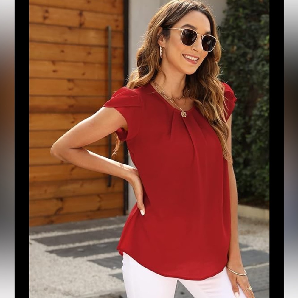 Tasamo Red Round Neck Basic Pleated Top Cap Petal Sleeves Curved loose Blouse M